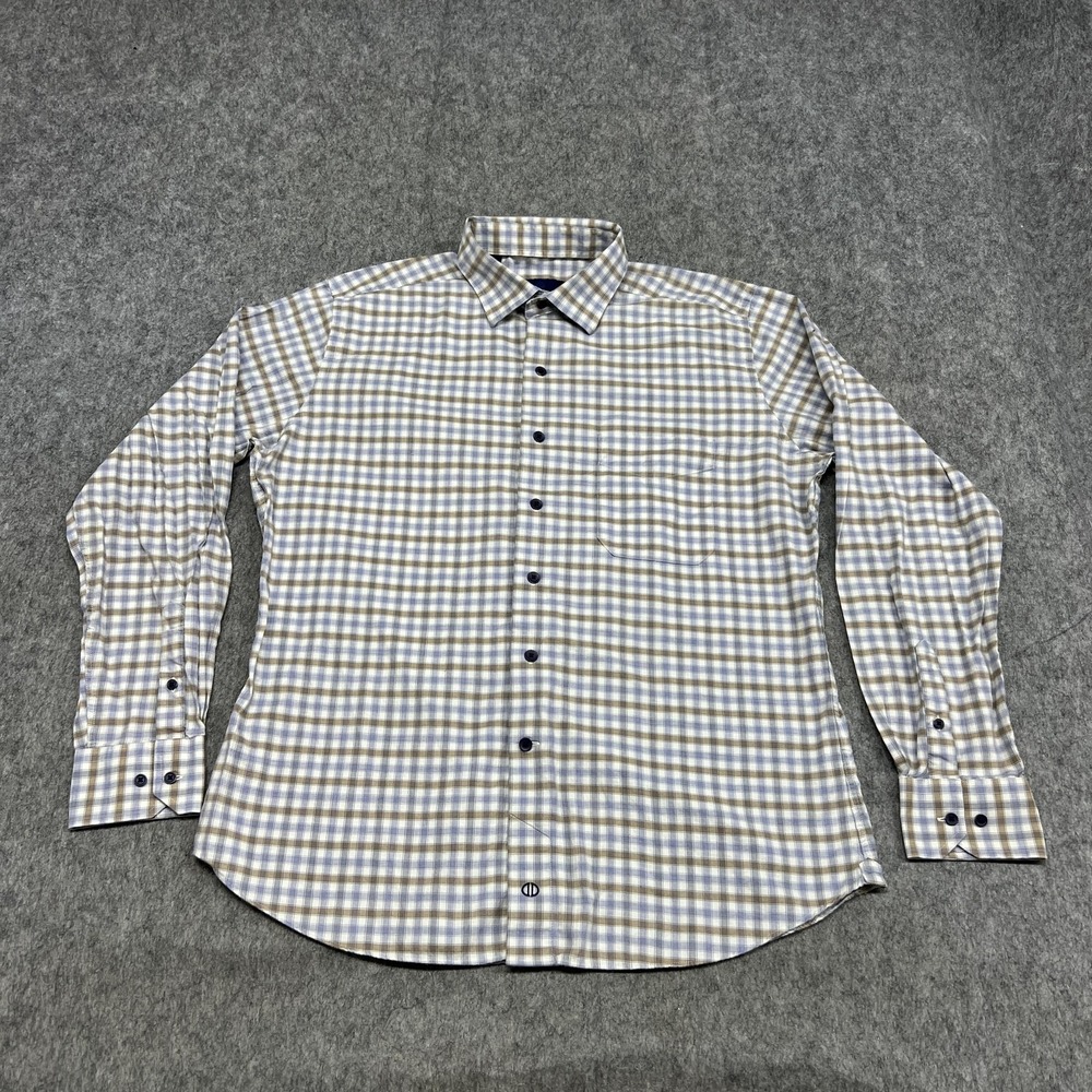 David Donahue Shirt Mens L Blue Beige Check Long Sleeve Button Cotton Office - Picture 1 of 16